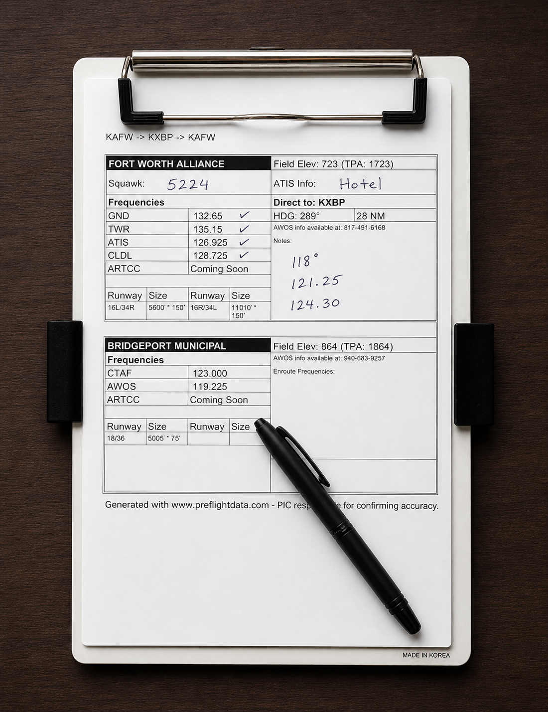 Pilot kneeboard with a printed airport brief and handwritten flight notes
